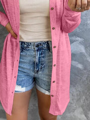 Watermelon pink cotton button-down long cardigan with a lightweight feel.