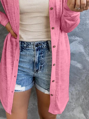 Watermelon pink cotton button-down long cardigan with a lightweight feel.