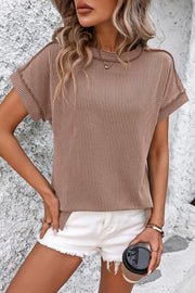 Vertical ribbed tunic tee, split hem, available in dark gray, deep rose, black, white, green, camel.