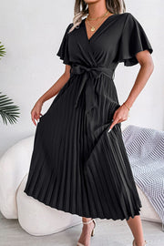 Black wrap bodice midi dress with flutter sleeves and pleated skirt.
