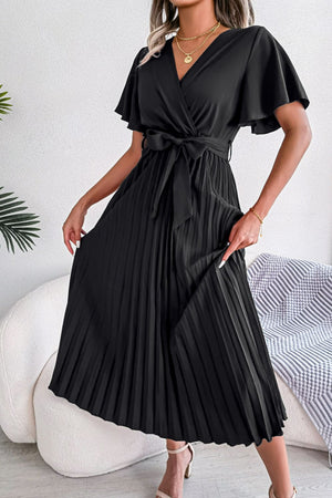 Black wrap bodice midi dress with flutter sleeves and pleated skirt.