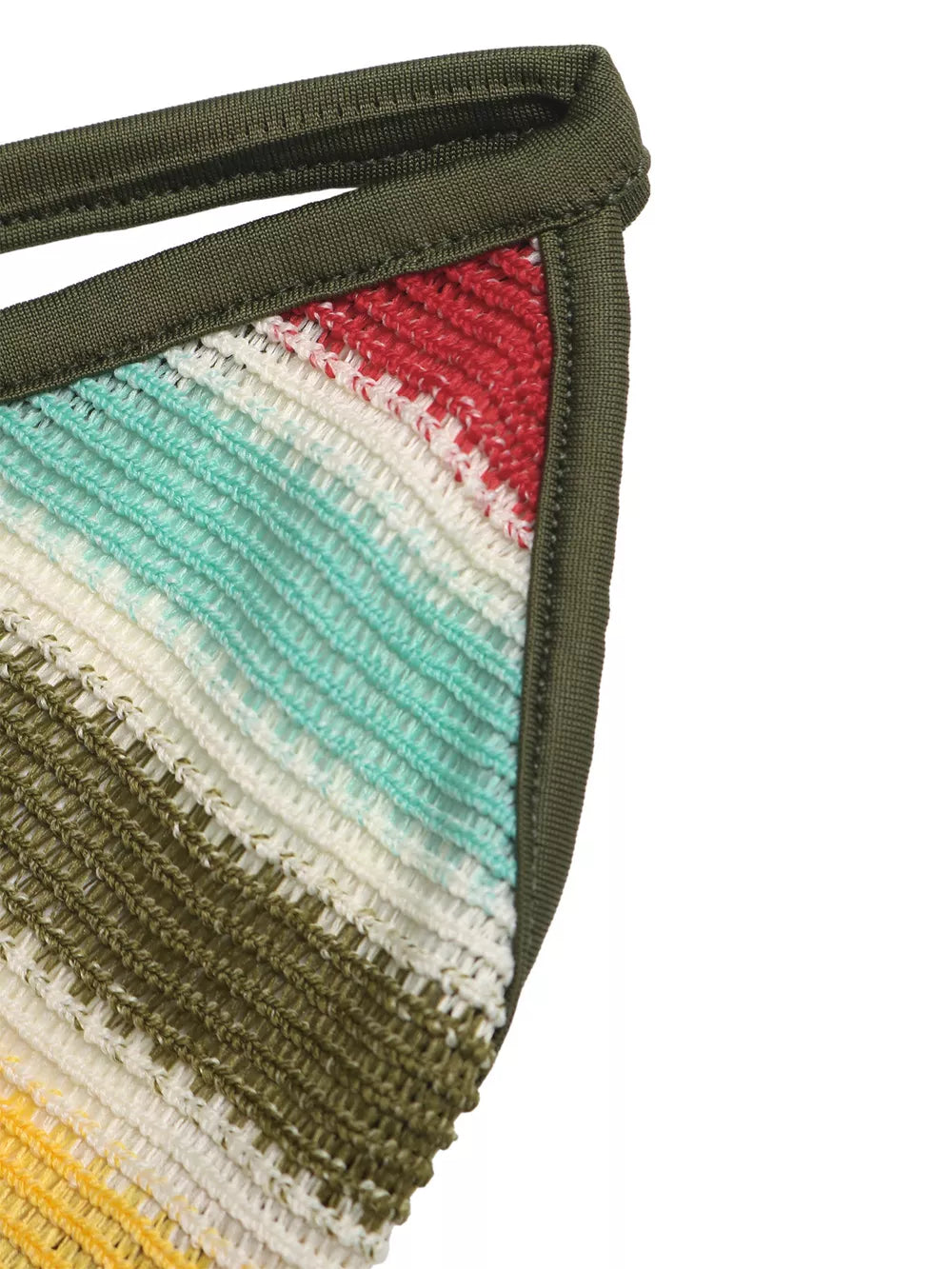Vibrant striped bodycon midi dress with crochet knit texture and olive green trim.