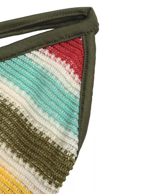 Vibrant striped bodycon midi dress with crochet knit texture and olive green trim.