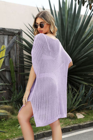 Lavender open-knit beach cover-up with side slit and short sleeves.