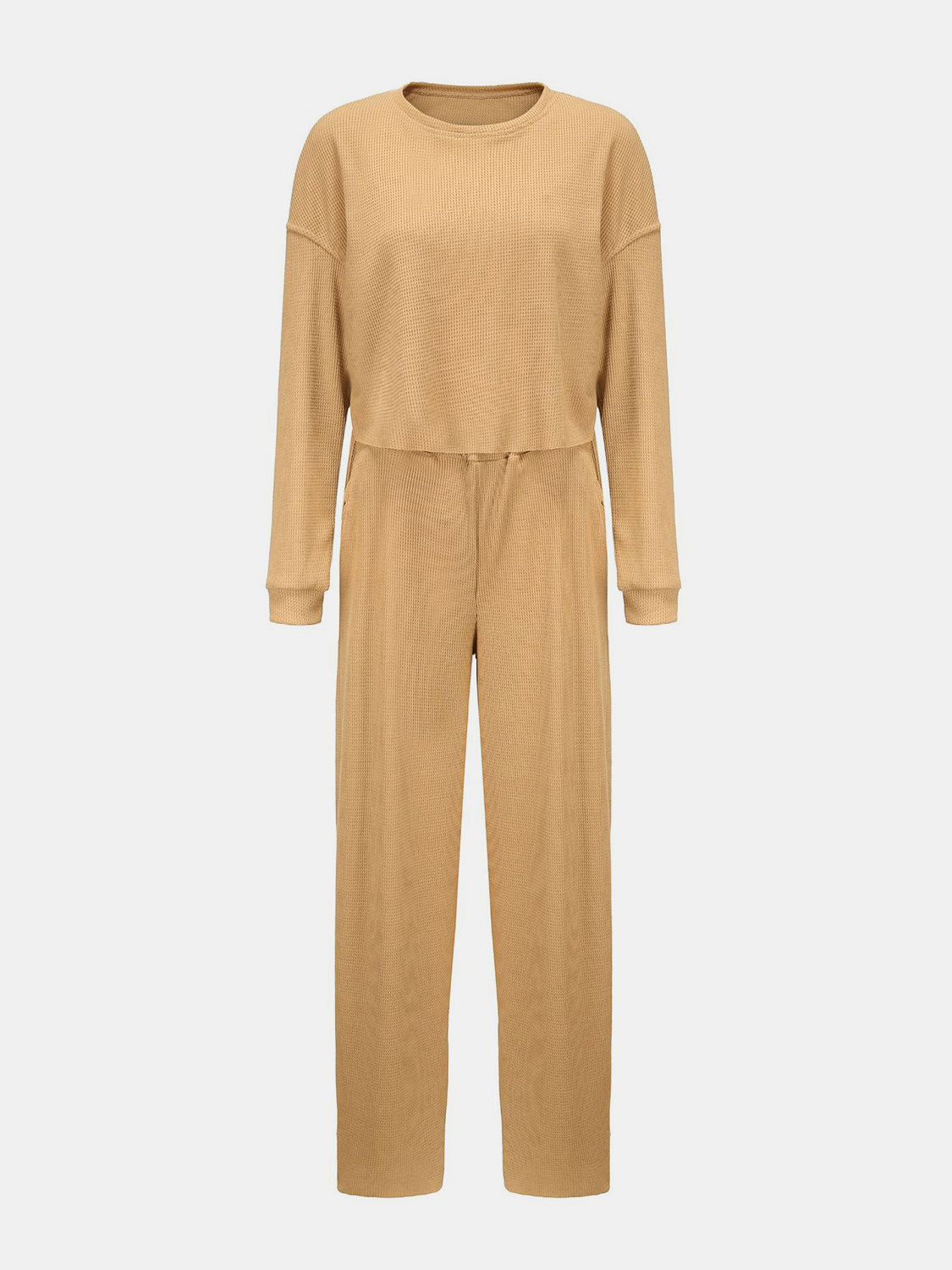 Waffle knit cropped lounge set in mocha featuring a crew neck top and wide-leg pants.
