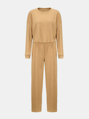 Waffle knit cropped lounge set in mocha featuring a crew neck top and wide-leg pants.