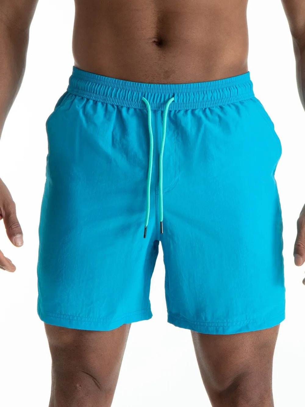 Sky Blue boardshorts with contrast drawstring and elastic waistband.