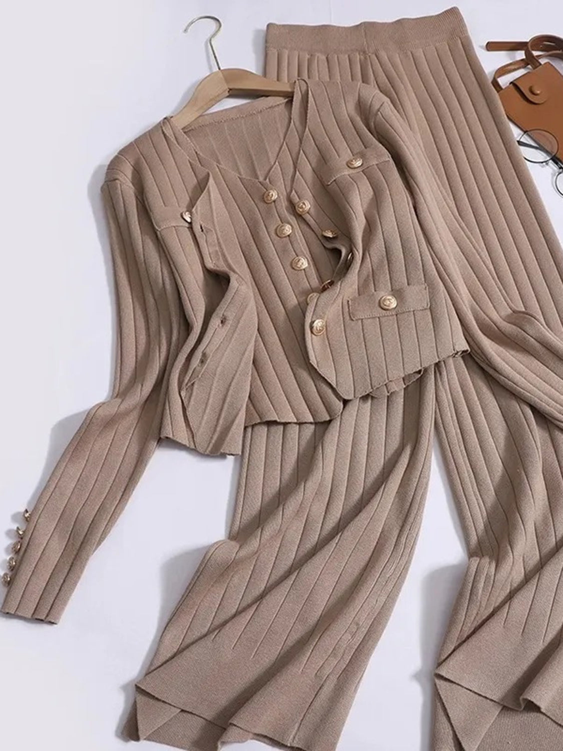 Taupe ribbed knit cardigan and wide-leg pants set with gold buttons