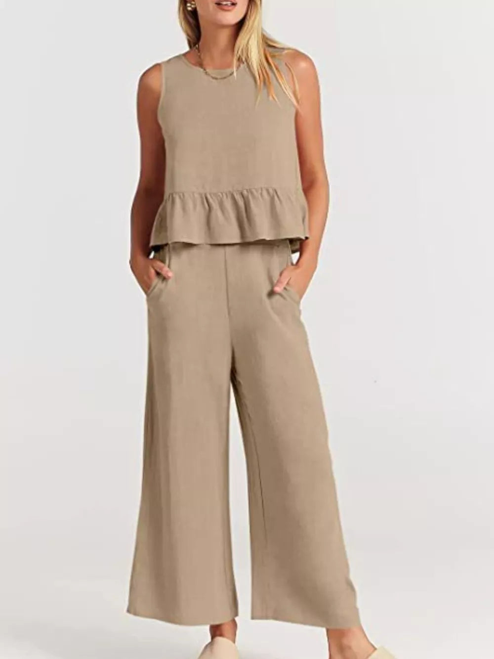 Ruffled Hem Sleeveless Top And Wide-leg Pants Set Plus Size in Black, view 19