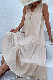 Khaki viscose button-down dress with tiered ruffle hemline and V-neck.