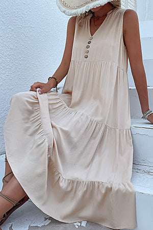 Khaki viscose button-down dress with tiered ruffle hemline and V-neck.