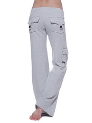 Light gray cargo-inspired wide-leg drawstring trousers with button flap back pockets and a side cargo pocket.
