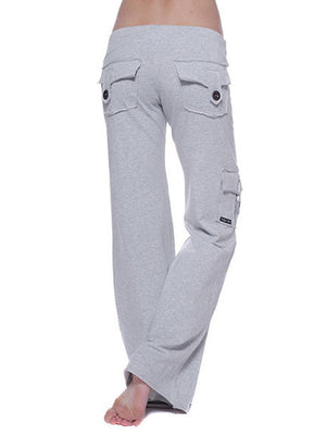 Light gray cargo-inspired wide-leg drawstring trousers with button flap back pockets and a side cargo pocket.