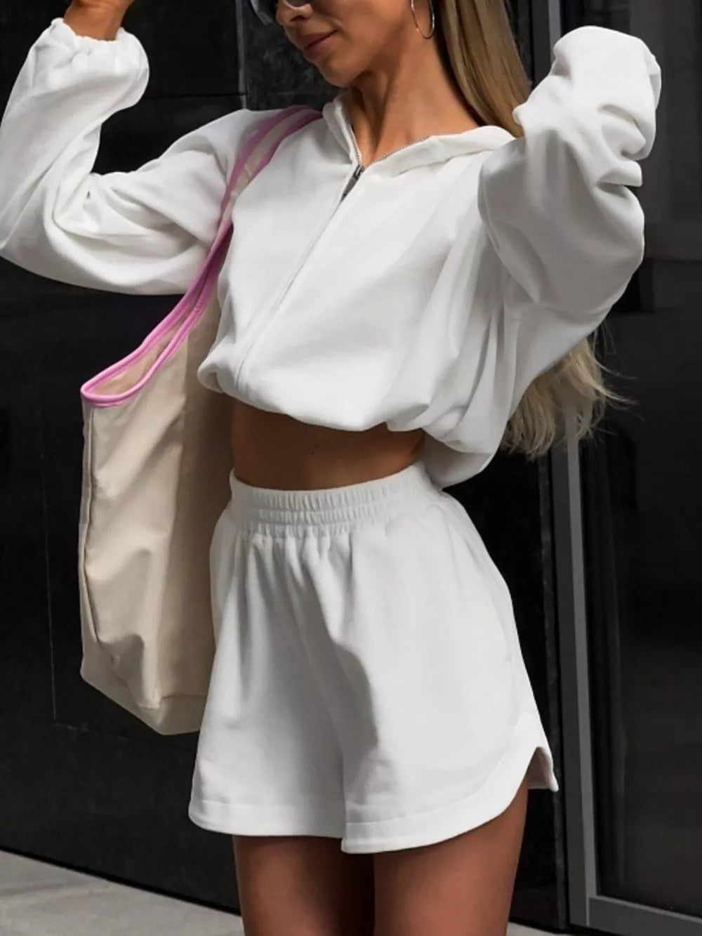 Long Sleeve Zip-up Hoodie And Shorts Set, model styling view