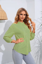 Light Green Mandarin Collar Blouse with Gathered Sleeves and Button Front