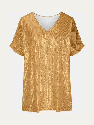 Brass sequin slouchy V-neck top with short sleeves