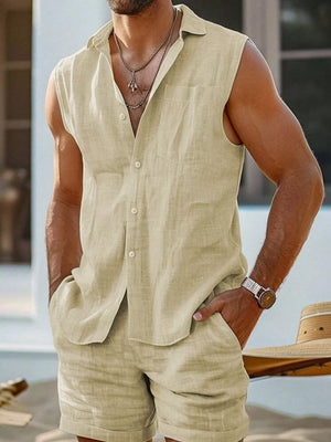 Apricot linen vest and shorts set for men, casual button-up sleeveless shirt and shorts.