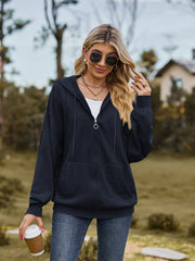 Dark Navy textured knit dolman sleeve zip-up hoodie with drawstring hood and pockets.
