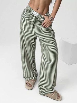 Green striped high-waisted wide-leg pants with drawstring detail