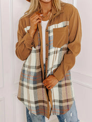 Caramel shacket with plaid panels and contrast sleeves, featuring a chest pocket and button front.