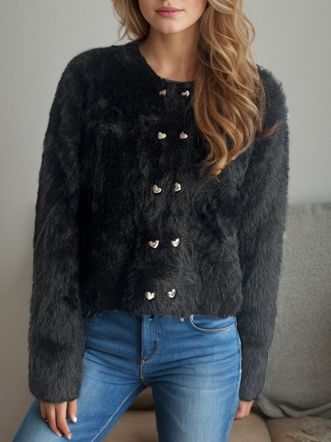 Black fluffy double-breasted knit cardigan with heart-shaped buttons
