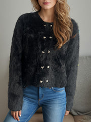 Black fluffy double-breasted knit cardigan with heart-shaped buttons