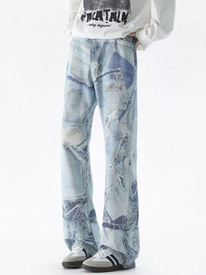 Distressed wide-leg jeans in light blue denim with patchwork details.