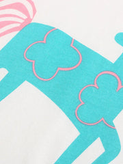 Toddler cotton blend outfit with playful turquoise unicorn graphic and pink accents.