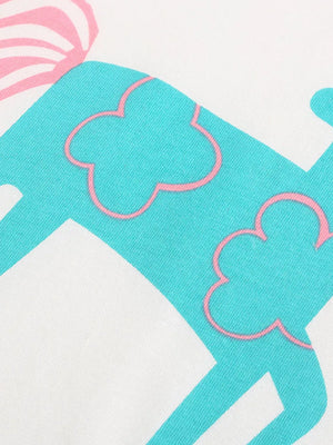 Toddler cotton blend outfit with playful turquoise unicorn graphic and pink accents.