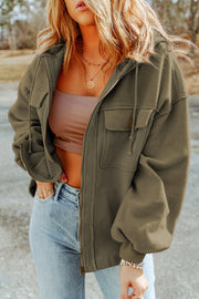 Textured utility hoodie jacket in tan with zip front, drawstring hood, and chest pockets.