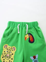 Green cotton shorts with embroidered jungle animals for boys
