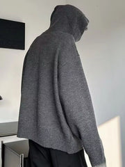 Gray knit hooded sweater with button detail, long sleeves, and ribbed hem.