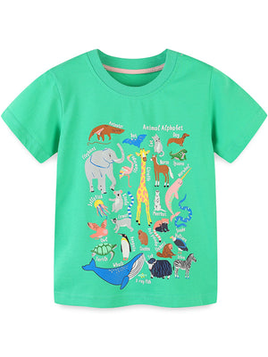 Green cotton toddler t-shirt with a colorful animal alphabet print.