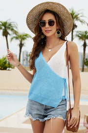 Wrap knit tank top with V-neck, colorblock blue and white, tie detail, crochet knit.