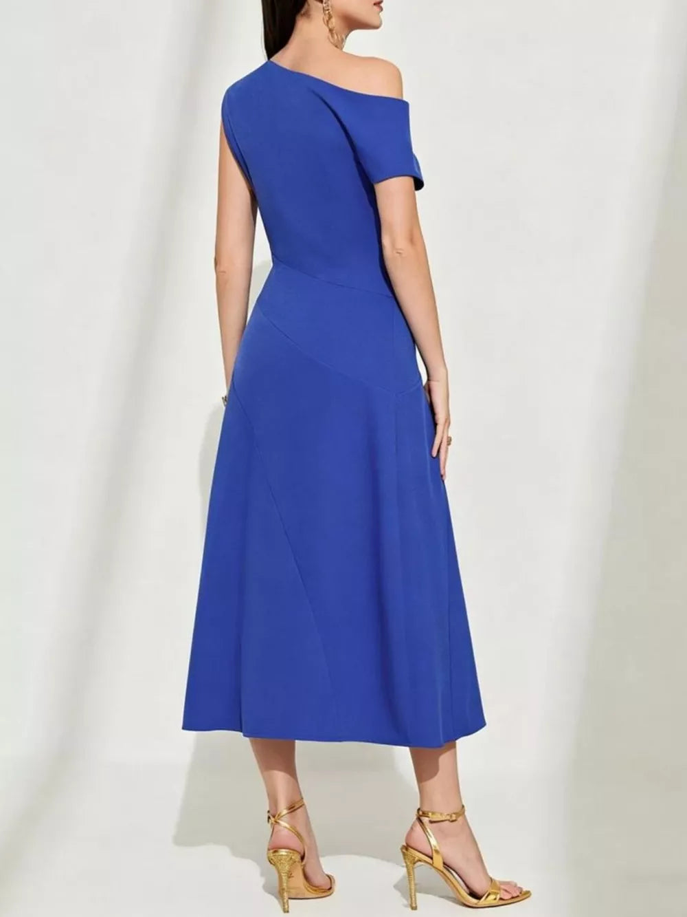 Blue asymmetrical midi dress with one shoulder and short sleeve, A-line skirt.