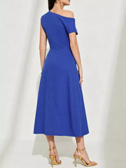 Blue asymmetrical midi dress with one shoulder and short sleeve, A-line skirt.