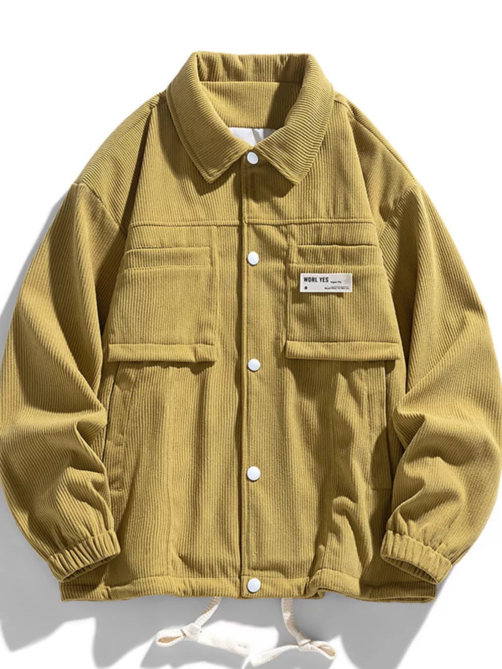Classic corduroy button-down men's jacket in ginger yellow with two chest pockets and white buttons.