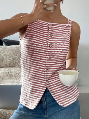 Textured stripe button-down tank top with square neckline and button front