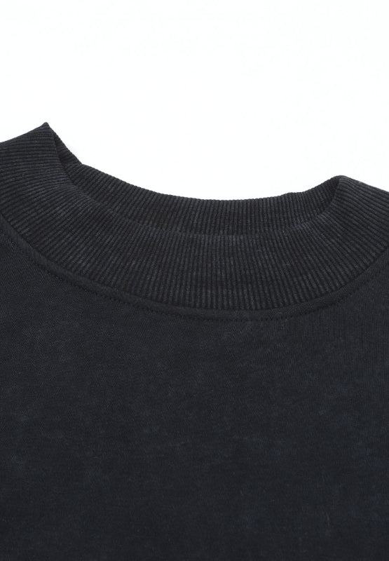 Black acid wash mock neck sweatshirt with ribbed collar detail