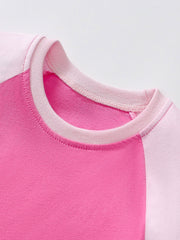 Toddler dress with pink and light pink raglan sleeves and crew neck.