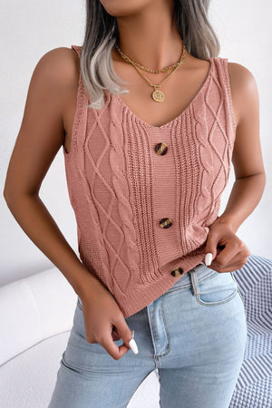 Dusty pink cable knit button-down tank top with V-neck and button details