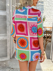 Coastal Tile Print Co-ord Set in multicolor with a fun sun pattern, button-up shirt and shorts.