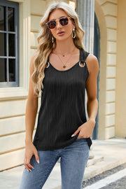 Black textured tank top with ring detail on straps