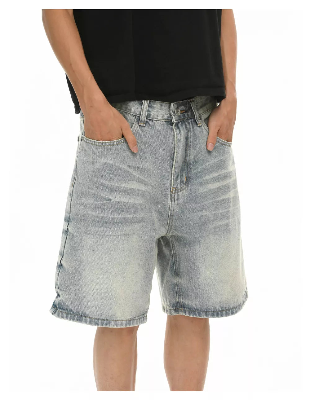 Relaxed fit light wash denim shorts with a casual cut and cotton material.