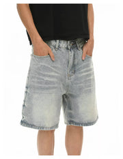 Relaxed fit light wash denim shorts with a casual cut and cotton material.