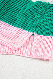 Colorblock knit v-neck tee in multicolor acrylic with green and pink stripes.