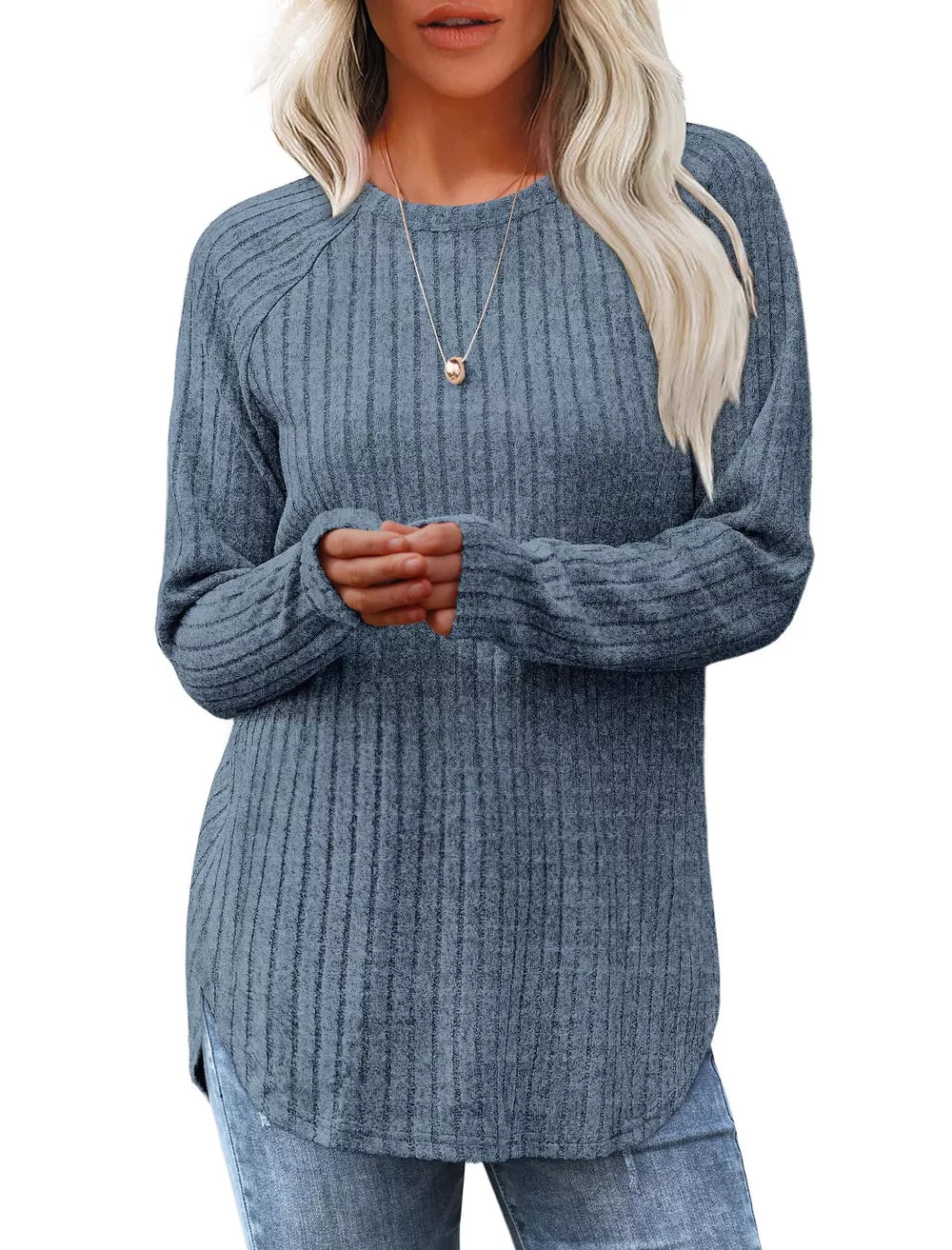 Light Blue ribbed knit long sleeve maternity t-shirt with crew neck and curved hem.