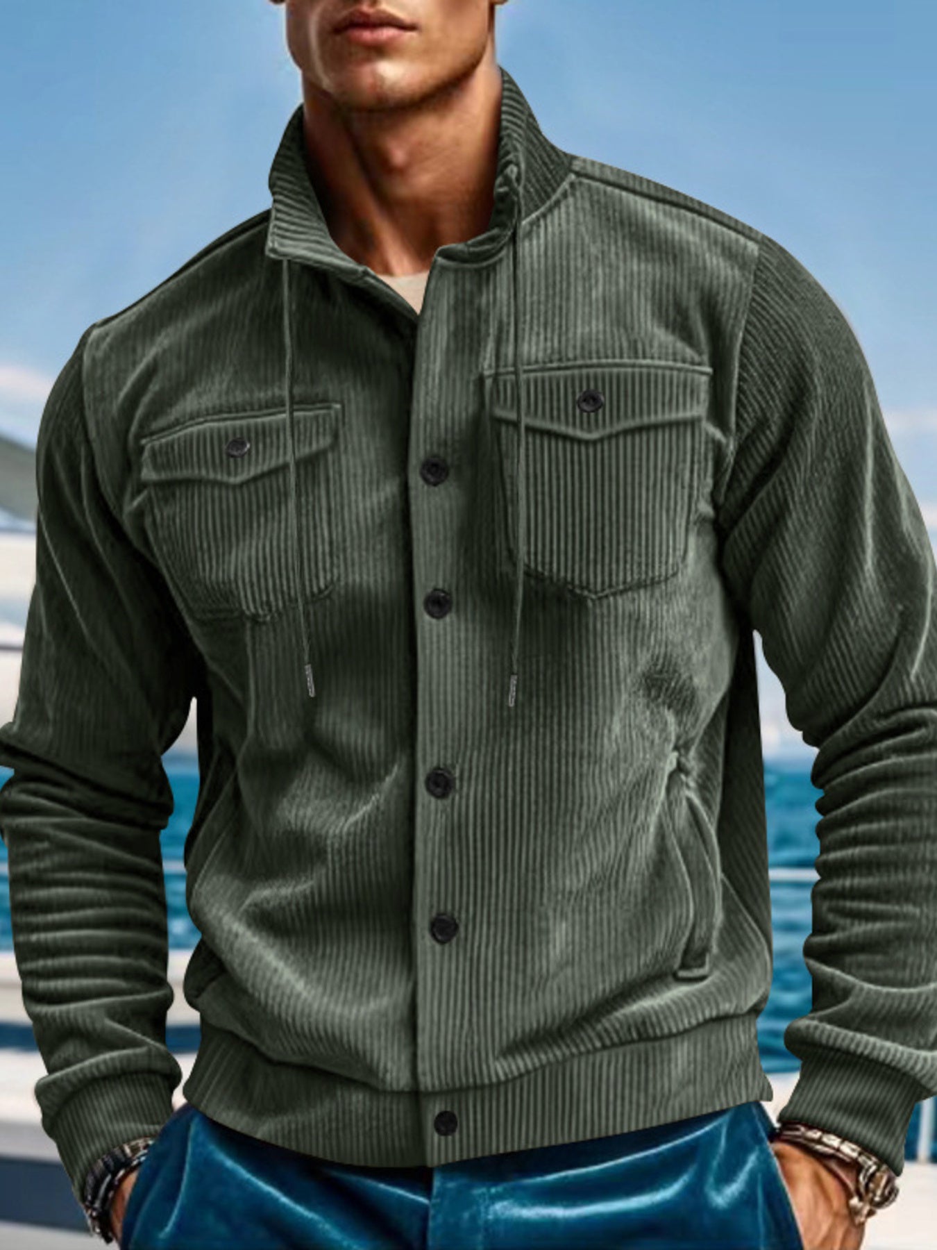 Casual Corduroy Jacket With Flap Pockets