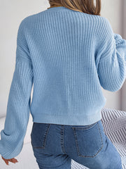 Misty Blue cable knit drop shoulder pullover sweater with balloon sleeves.