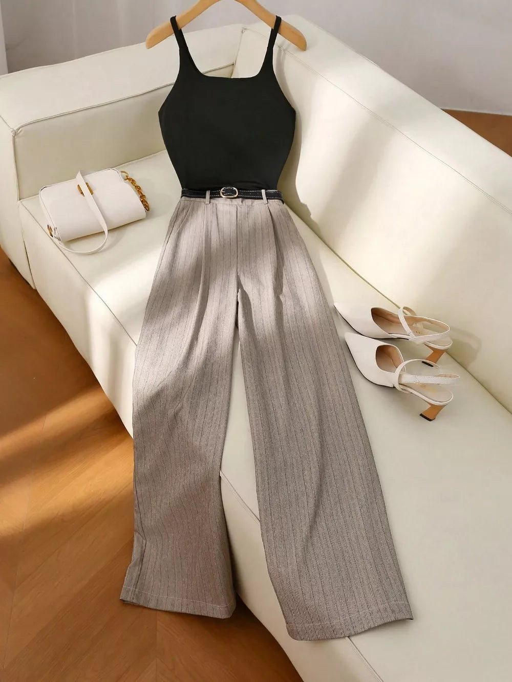 Chic sleeveless top with pinstripe wide-leg pants set, black and gray